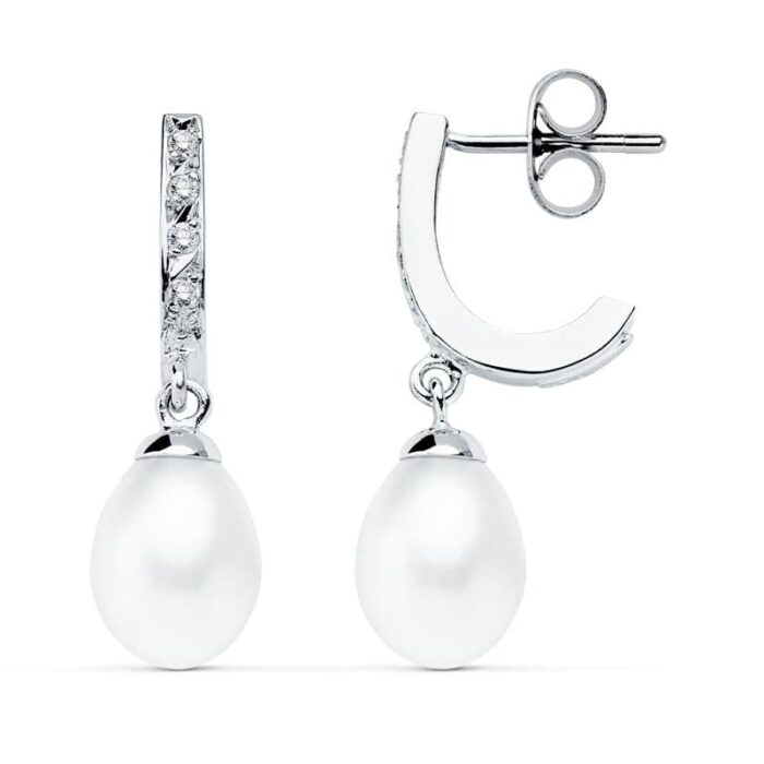 9K PENDIENTES ORO BLANCO PERLA 25X7 MM CIERRE PRESION