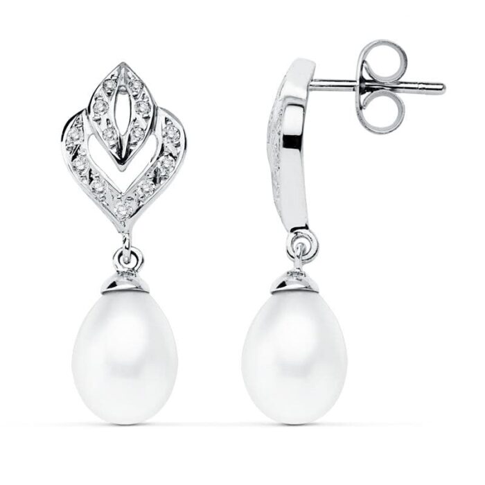 9K PENDIENTES ORO BLANCO PERLA 28X10 MM CIERRE PRESION