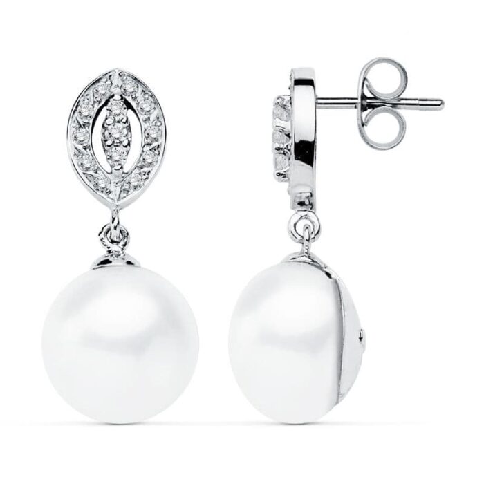 9K PENDIENTES ORO BLANCO PERLA 27X11 MM CIERRE PRESION