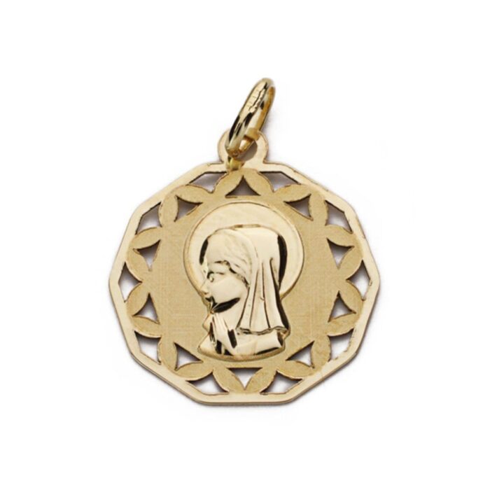 9K MEDALLA ORO AMARILLO VIRGEN NIÑA CALADA MATE Y BRILLO 17X17 MM
