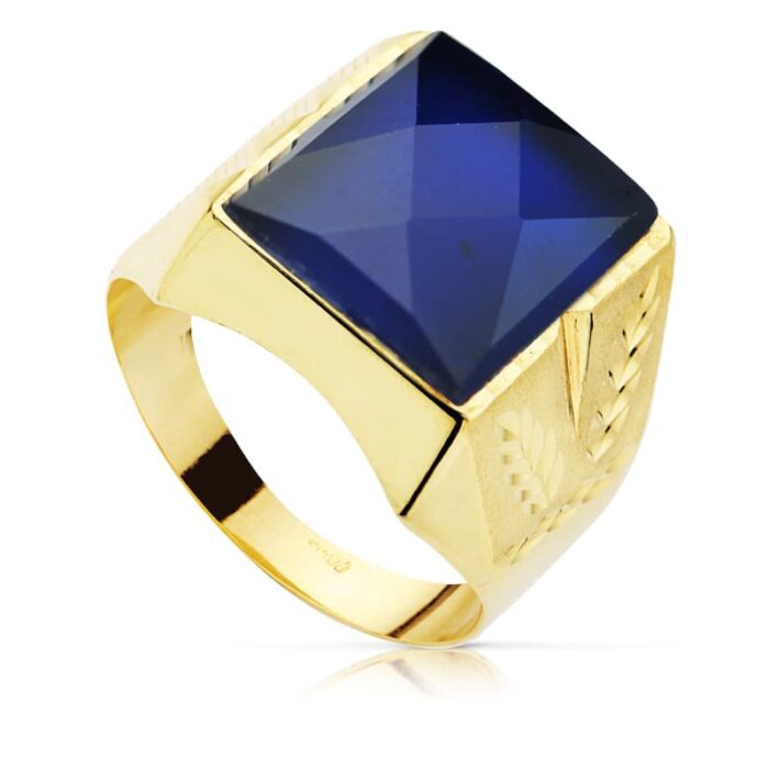 9K SELLO ORO AMARILLO CABALLERO PIEDRA AZUL