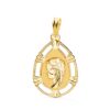 Medalla de oro amarillo de 18K de la Virgen Niña con forma de lágrima, relieve central mate y cerco calado brillante.