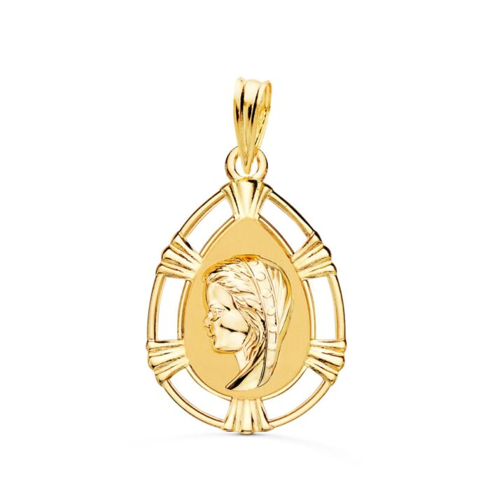 Medalla de oro amarillo de 18K de la Virgen Niña con forma de lágrima, relieve central mate y cerco calado brillante.