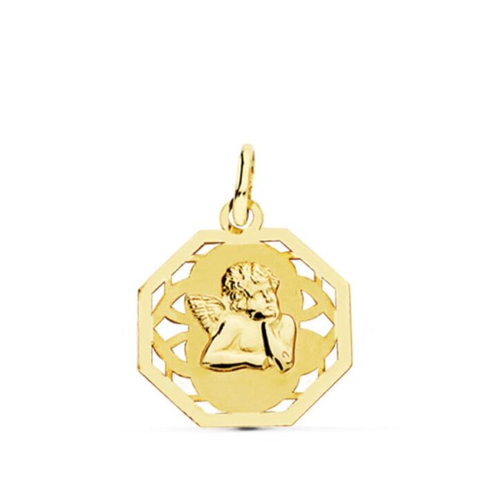 Medalla de silueta calada del ángel burlón en oro amarillo de 18 quilates de 17x14 mm acabado brillo