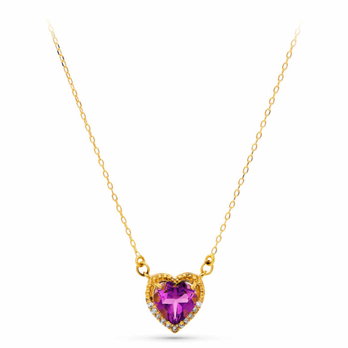 18K GARGANTILLA ORO AMARILLO CORAZON AMATISTA 7MM CIRCONITAS CADENA 40-2CM