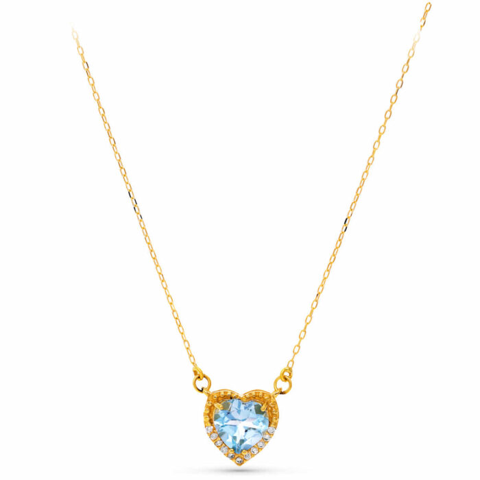 18K GARGANTILLA ORO AMARILLO CORAZON TOPACIO AZUL 7MM CIRCONITAS CADENA 40-2CM