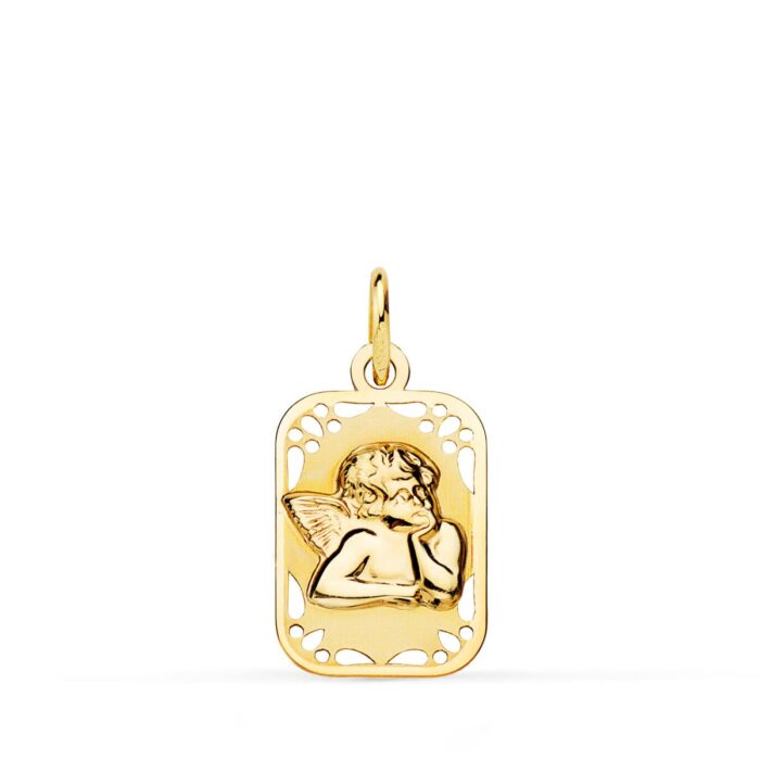 9K MEDALLA ORO AMARILLO RECTANGULAR ANGELITO BURLON BRILLO Y MATE 19X11 MM