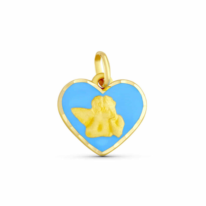 18K MEDALLA ORO AMARILLO CORAZON ANGELITO BURLON ESMALTE AZUL 14 MM
