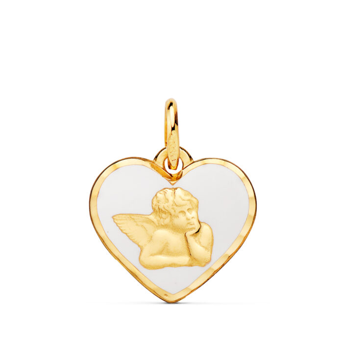18K MEDALLA ORO AMARILLO CORAZON ANGELITO BURLON ESMALTE BLANCO 14 MM