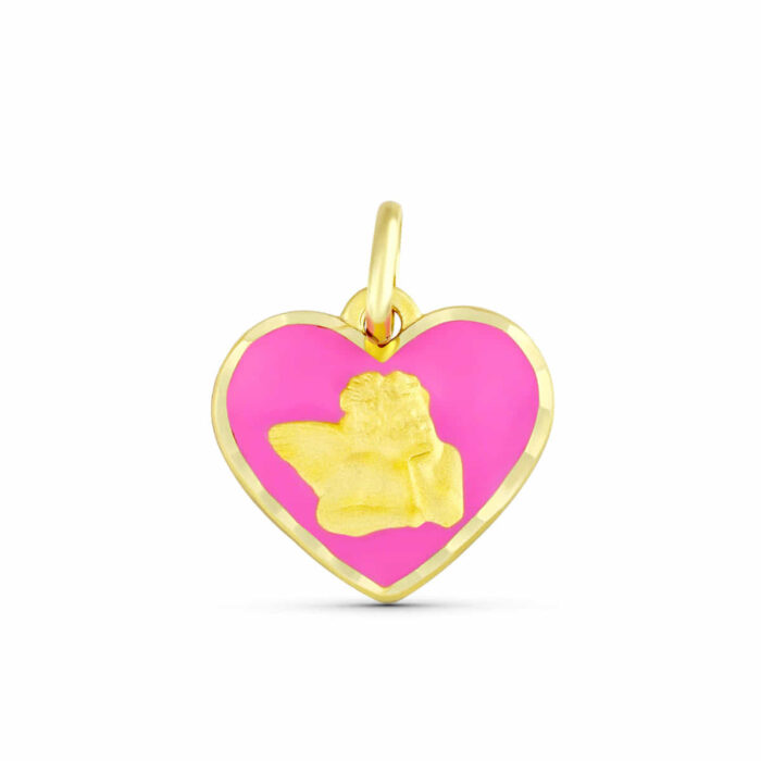 18K MEDALLA ORO AMARILLO CORAZON ANGELITO BURLON ESMALTE ROSA 14 MM