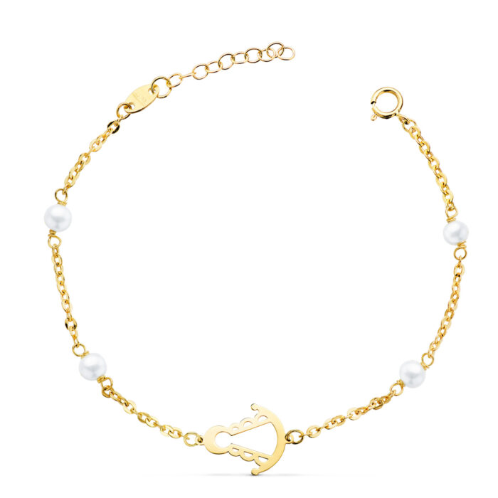 18K PULSERA ORO AMARILLO SILUETA VIRGEN ROCIO 14X11 MM CON PERLAS. LARGO: 15 3 CM