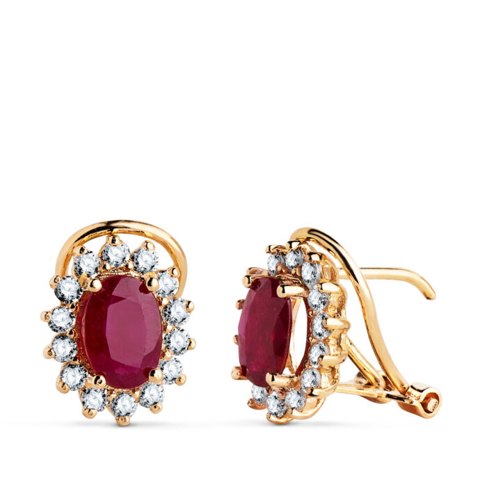 18K PENDIENTES ORO AMARILLO RUBI NATURAL 7X5 MM 1,76QT Y DIAMANTES LABORATORIO 0,580QT VS-2 G. 11,5X9,5 MM CIERRE OMEGA