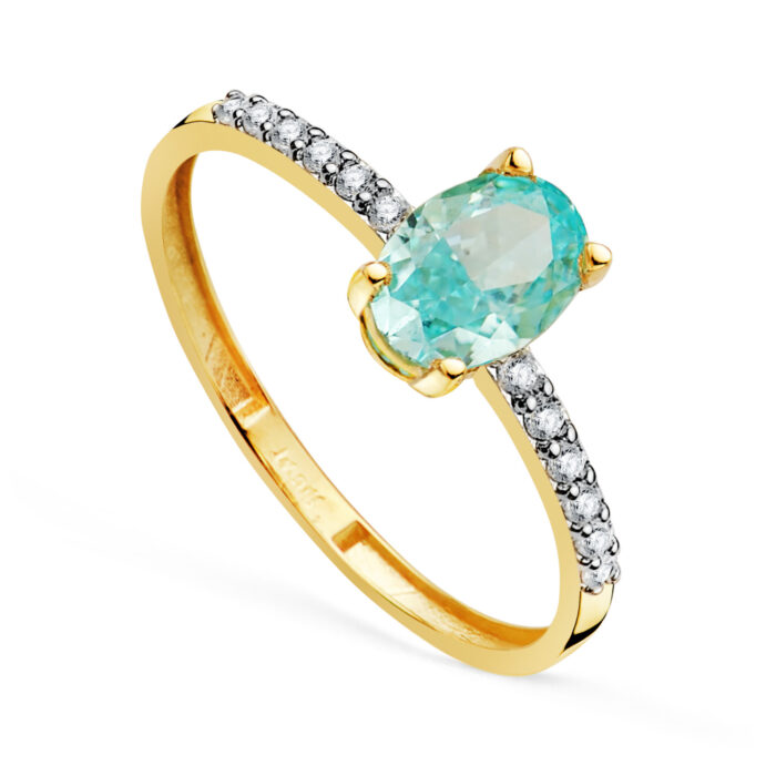 18K SORTIJA ORO BICOLOR TOPACIO NATURAL PARAIBA OVAL 7X5MM 0,93 QTS. Y CIRCONITAS