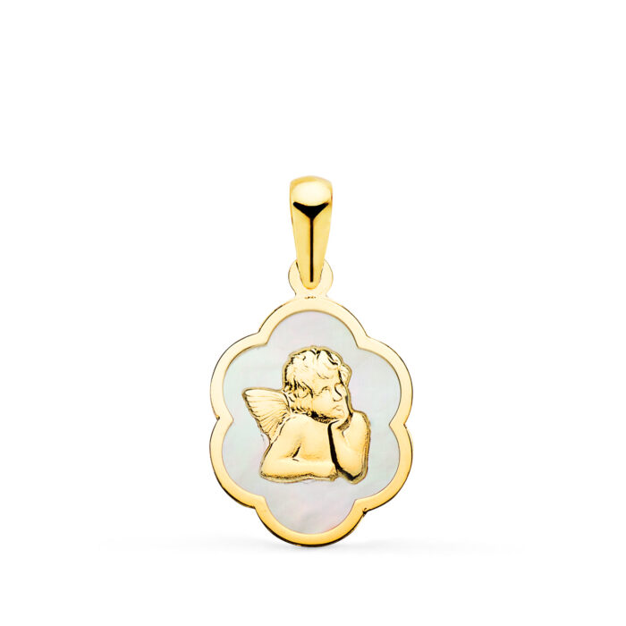 18K COLGANTE ORO AMARILLO NUBE CON ANGEL BURLON Y NACAR BLANCO 15 X 12 MM