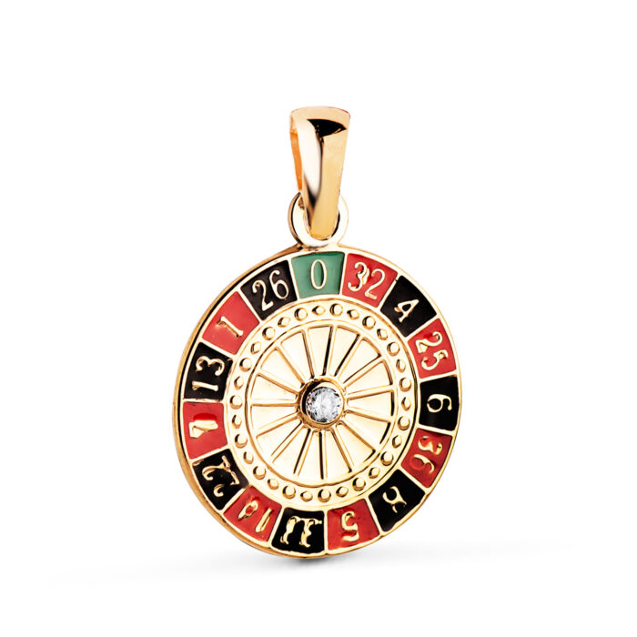 18K COLGANTE ORO AMARILLO RULETA CASINO ESMALTADA CON CIRCONITA. MEDIDA: 14,5 MM