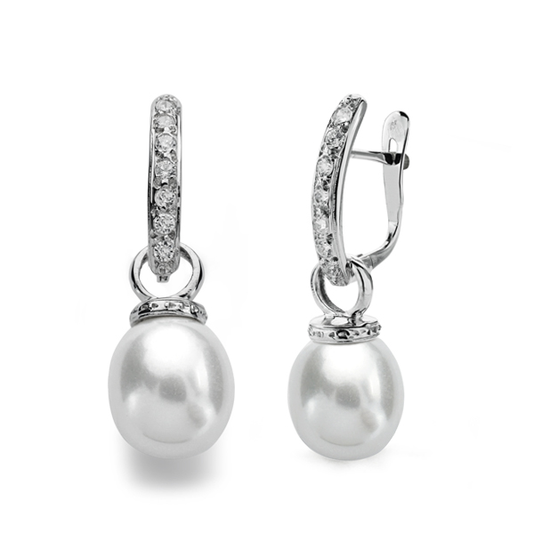 9K PENDIENTES ORO BLANCO PERLA 28X9 MM CIERRE CATALAN