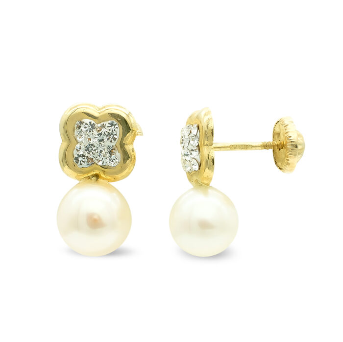 9K PENDIENTES ORO AMARILLO TU Y YO FLOR CON CIRCONITAS Y PERLA. 13X7 MM.CIERRE TUERCA