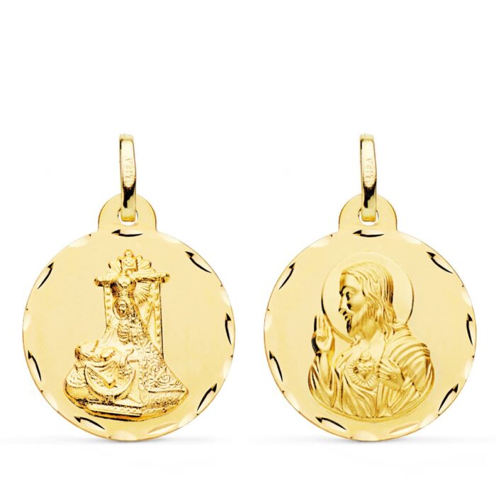 18K MEDALLA ORO AMARILLO ESCAPULARIO ORO AMARILLO VIRGEN DE LAS ANGUSTIAS Y CORAZON DE JESUS TALLADA 22 MM