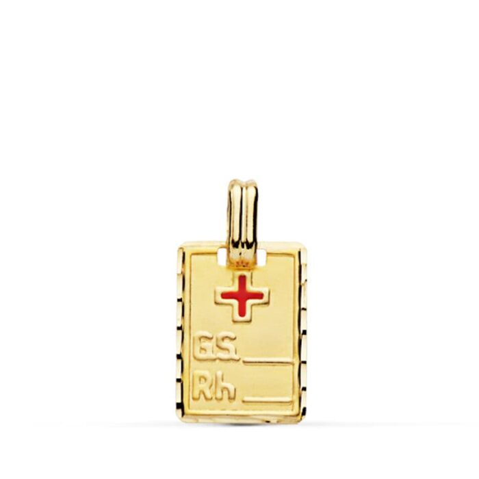 18K PLACA CHAPA COLGANTE ORO AMARILLO GRUPO SANGUINEO  RH PEQUEÑA 16X11 MM