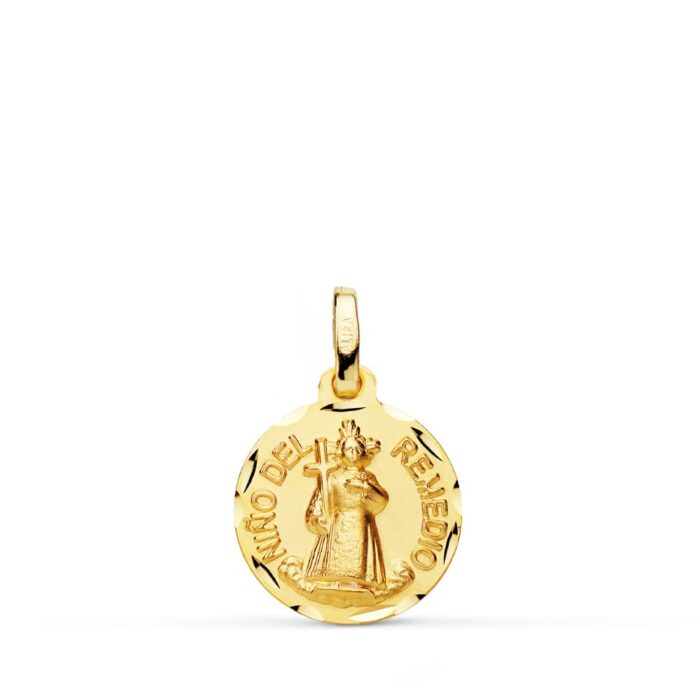 Medalla Santo Niño del Remedio en Oro Amarillo 18K - Bisel Tallado (14 mm)