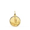 Medalla de la Virgen de Fátima en oro amarillo de 18K, 16 mm de diámetro, con bisel exterior tallado efecto diamante y relieve central detallado.