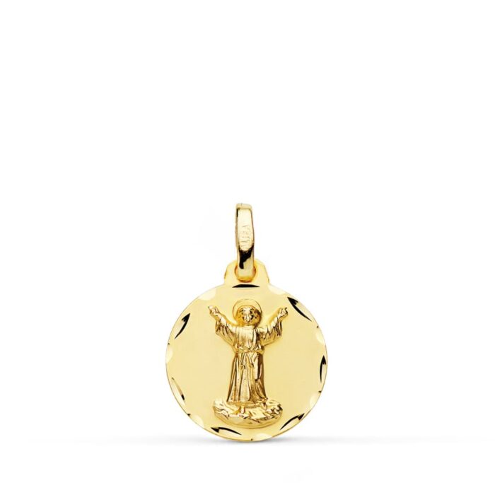 Pequeña medalla religiosa del Divino Niño Jesús en oro amarillo de 18 kilates, 14 mm de diámetro, con acabado pulido brillante.