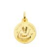 Medalla de San Benito de 16 mm en oro amarillo de 18 kilates, con el relieve del Santo y la cruz de protección, fondo blanco.