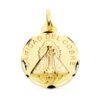 Medalla redonda de la Virgen de la Caridad del Cobre en oro amarillo de 18 quilates, 24 mm de diámetro, con borde liso pulido y relieve central matizado de la Patrona de Cuba.