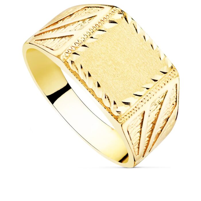 Sello de oro amarillo 18k macizo para hombre con cabeza cuadrada de 11x11 mm, centro liso pulido y bordes con tallado brillante.
