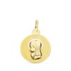 Medalla pequeña de la Virgen Niña de perfil en oro amarillo de 18 quilates, 14 mm de diámetro, con bisel liso brillante sobre fondo blanco.