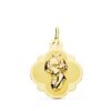 Medalla ovalada de la Virgen Niña de perfil en oro amarillo de 18 quilates, dimensiones 19x16 mm, con acabado pulido brillante y borde liso sobre fondo blanco.