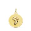 Medalla circular de la Virgen Niña de perfil en oro amarillo de 18 quilates, tamaño 16 mm, con acabado pulido brillante y borde liso sobre fondo blanco.