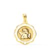 Medalla redonda de oro amarillo 18k con figura de ángel burlón y borde ornamental con cerco calado 17 mm