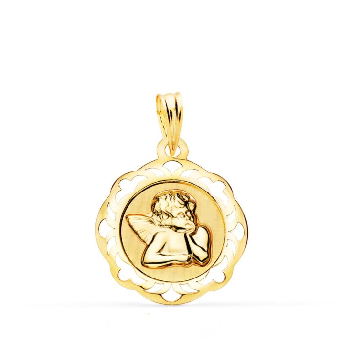 Medalla redonda de oro amarillo 18k con figura de ángel burlón y borde ornamental con cerco calado 17 mm