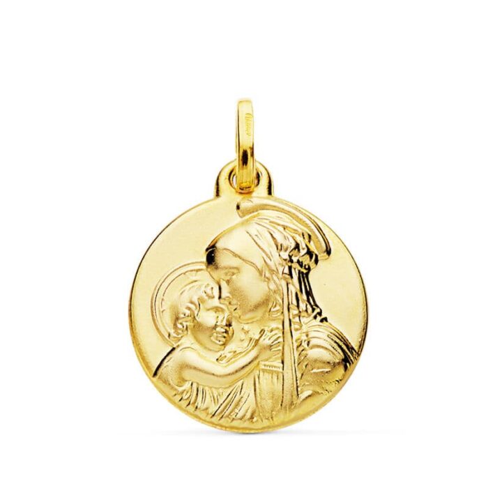 9K MEDALLA ORO AMARILLO MADRE CON NIÑO 18 MM
