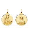 Medalla Escapulario redonda de oro amarillo de 18k de 24 mm con relieves matizados del Sagrado Corazón y la Virgen del Carmen y bisel liso brillante sobre fondo blanco