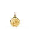 Medalla pequeña de 14 mm de la Virgen de Lourdes en oro amarillo de 18 quilates, con relieve central detallado y bisel exterior brillante facetado.