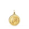 Medalla religiosa de la Virgen de Lourdes en oro amarillo de 18 quilates, 18 mm de diámetro, con relieve detallado y bisel exterior facetado de alto brillo.