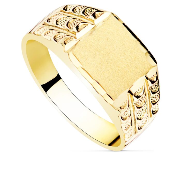 Sello de oro amarillo 18k macizo para hombre con cabeza rectangular de 9x8 mm, centro liso y bordes tallados brillantes.