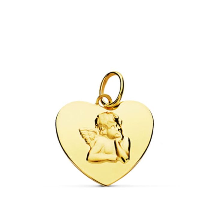 Colgante de corazón en oro amarillo 18k con figura de ángel burlón central acabado brillo 14 mm