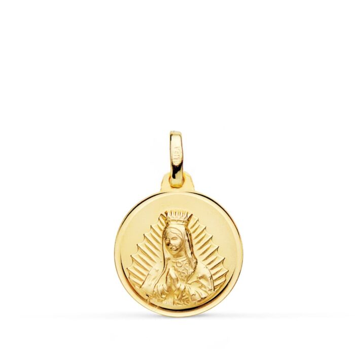 Medalla de la Virgen de Guadalupe con bisel pulido en oro amarillo de 18 quilates y 16 milímetros