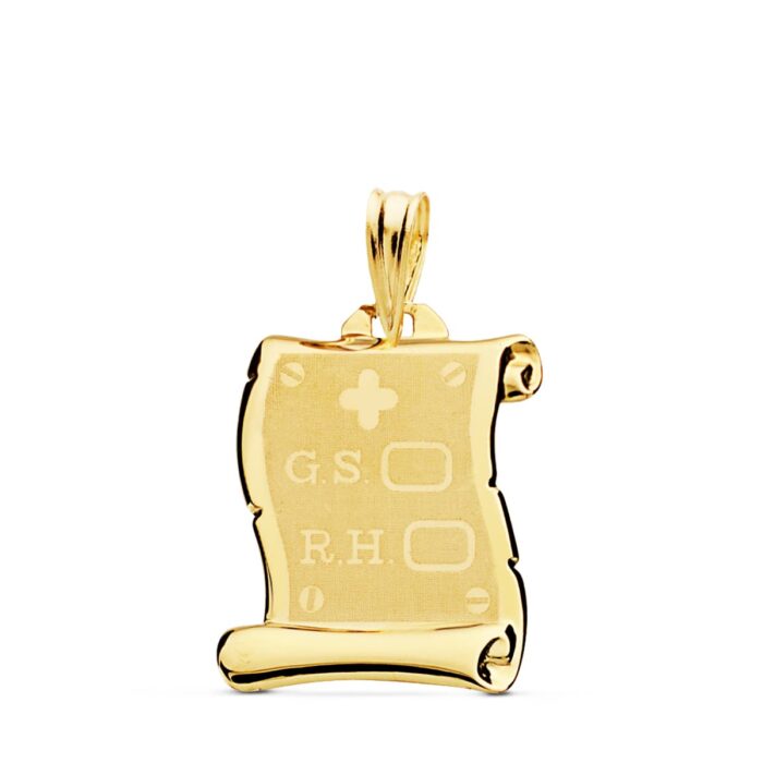 18K PLACA CHAPA COLGANTE PERGAMINO ORO AMARILLO BRILLO GRUPO SANGUINEO   RH MATE 18X14 MM