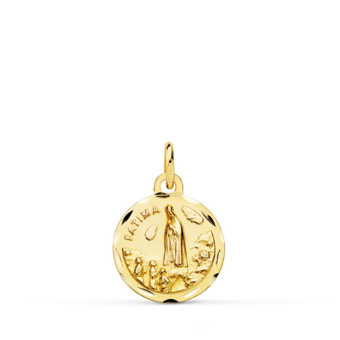 Pequeña medalla de la Virgen de Fátima de 14 mm en oro amarillo de 18 quilates, con relieve detallado y acabado pulido brillante.