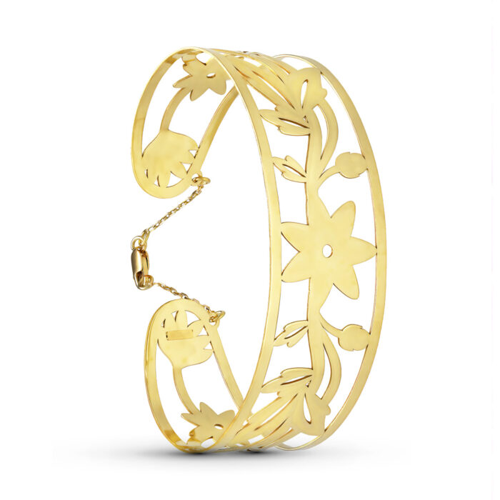 18K PULSERA RIGIDA ORO AMARILLO FLORES MEDIDA INTERIOR 62X55 MM ANCHO TOTAL 22 MM CIERRE MOSQUETON CON CADENA
