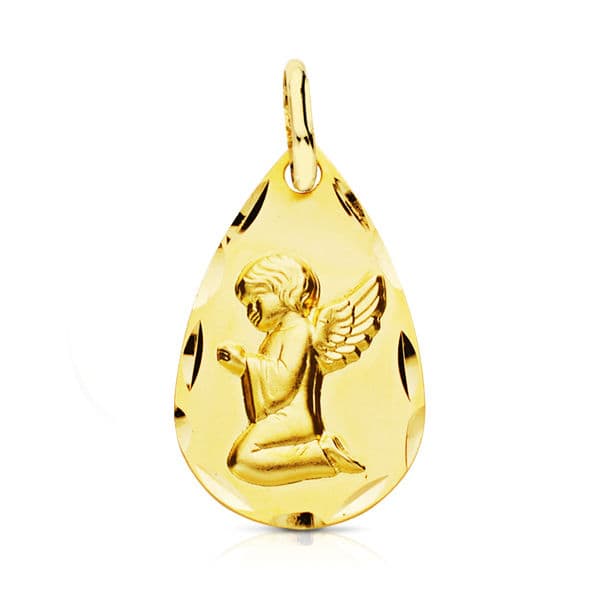 Medalla Ángel en Oro Amarillo 18K Forma de Lágrima con Borde Tallado – 19x11 mm