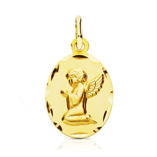 Medalla Ángel Rezando en Oro Amarillo 18K Ovalada con Borde Tallado – 19x12 mm