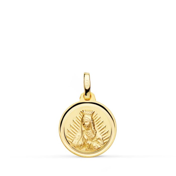 Medalla clásica y pequeña de la Virgen de Guadalupe en oro amarillo de 18 quilates y 14 milímetros