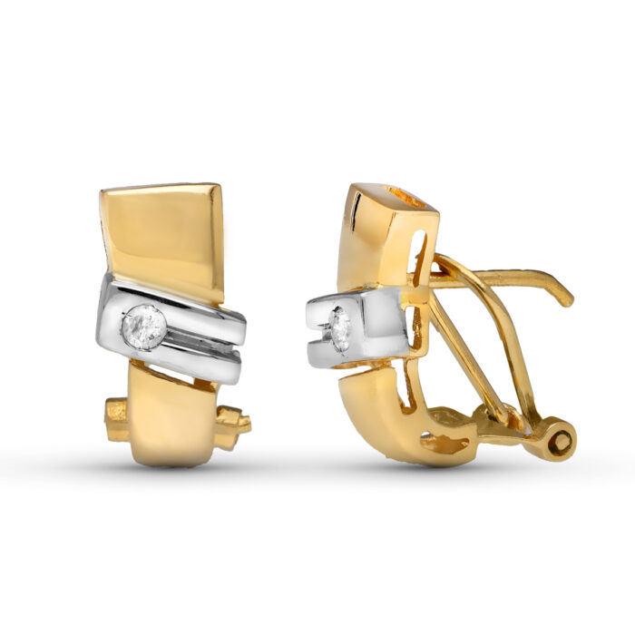 18K PENDIENTES ORO AMARILLO DIAMANTES TALLA BRILLANTE 0.08 QTS. 14X7 MM CIERRE OMEGA