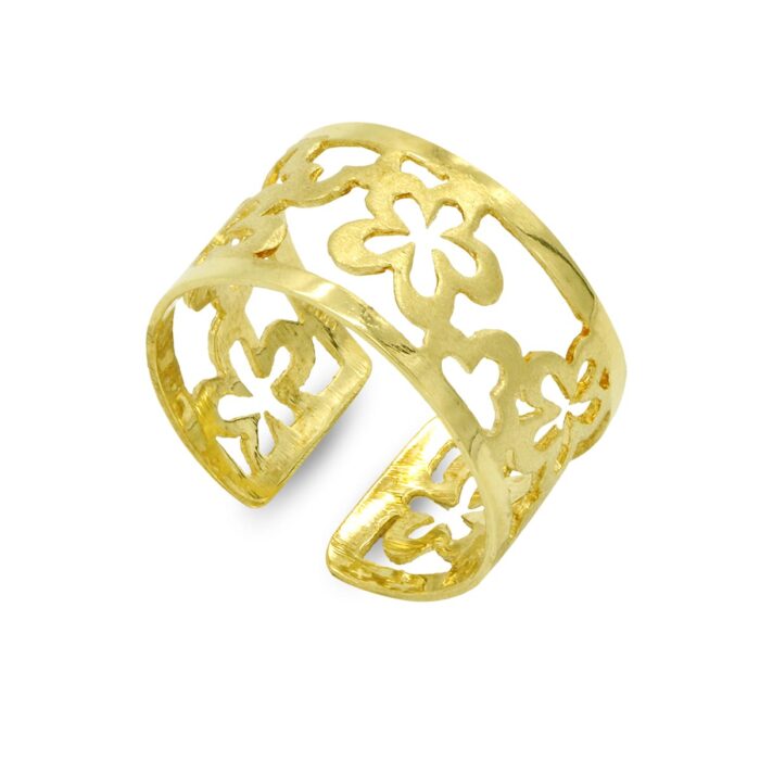 18K SORTIJA ORO AMARILLO ABIERTA FLORES CALADAS. ANCHO: 10 MM