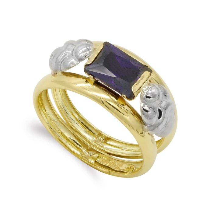 18K SORTIJA ORO BICOLOR DOBLE CUERPO MOTIVO Y CIRCONITA AMATISTA 8X6MM. ANCHO: 14 MM